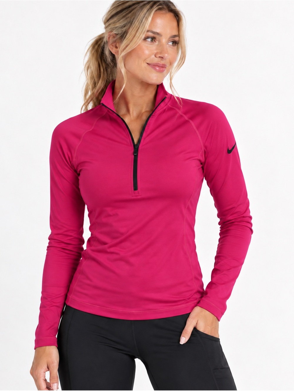 Nike Women's Dark Pink Long-Sleeve Quarter Zip Performance Top
